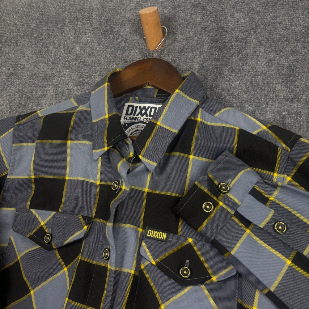 Dixxon Flannel The Bolt Shirt Womens L Grey Black Yellow Plaid D-Tech Button Up